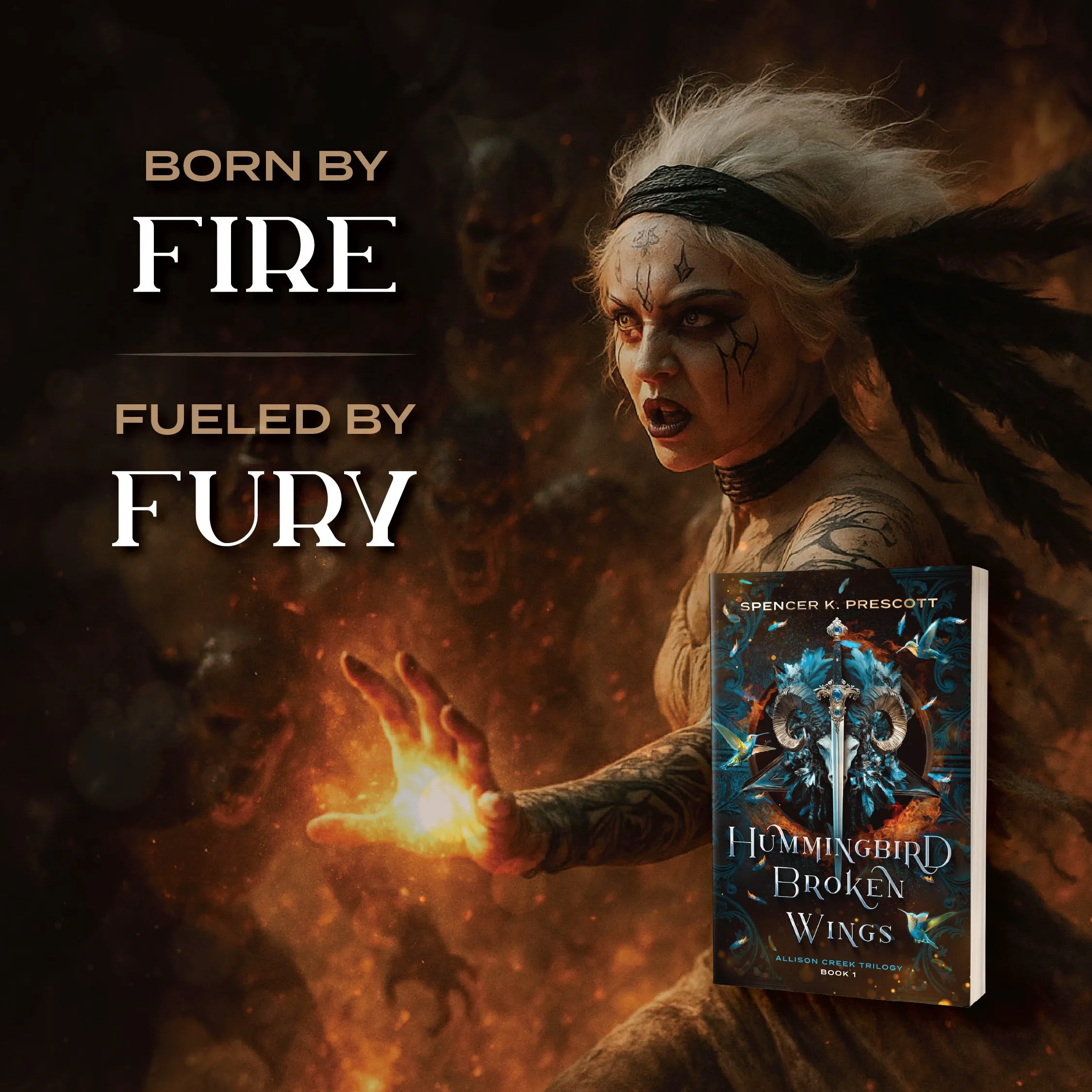 Ad: born by fire, fueled by fury, with a character summoning flame