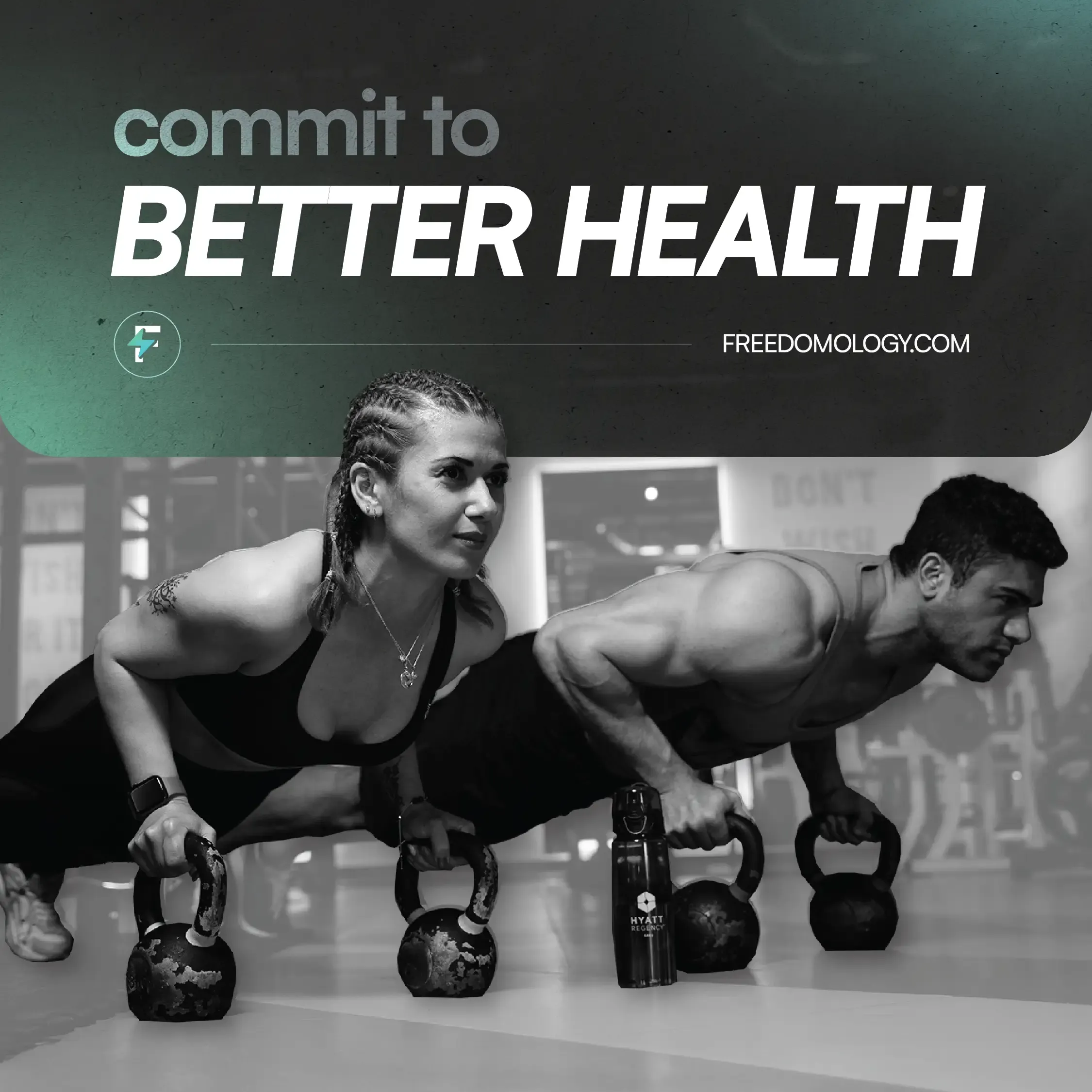 H40 ad: commit to better health, two people doing push-ups on kettlebells