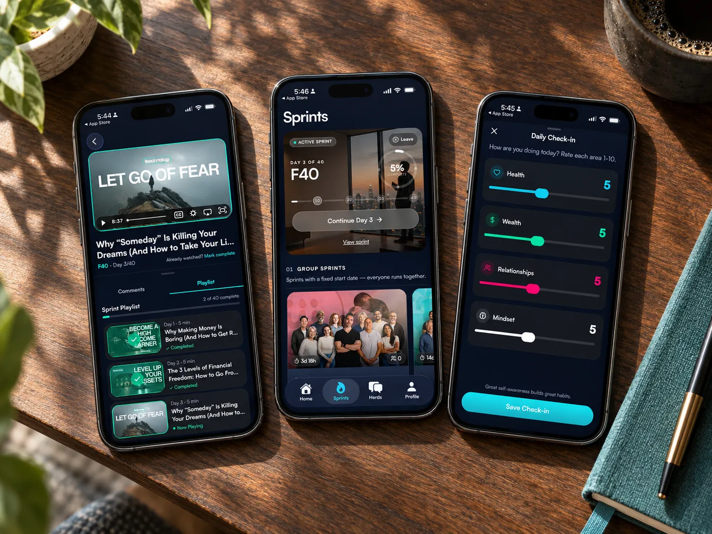 Three Freedomology app screens: a lesson, the sprint hub and the daily check-in