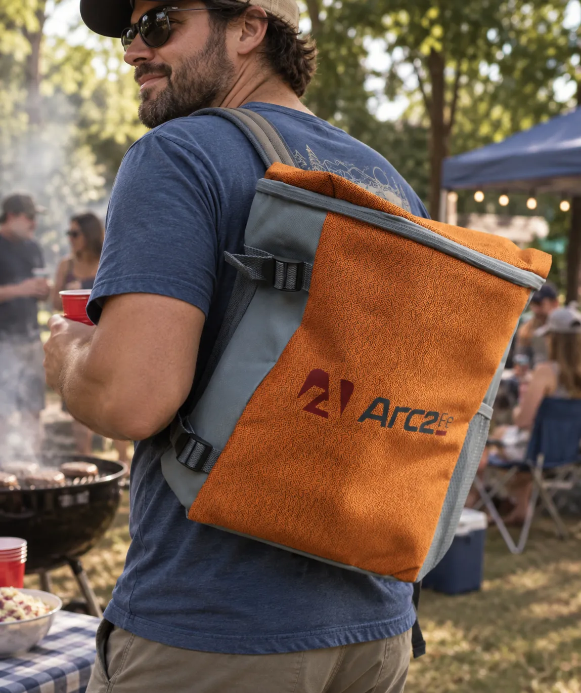 An Arc2FE cooler bag worn at a cookout, the horizontal lockup across the front