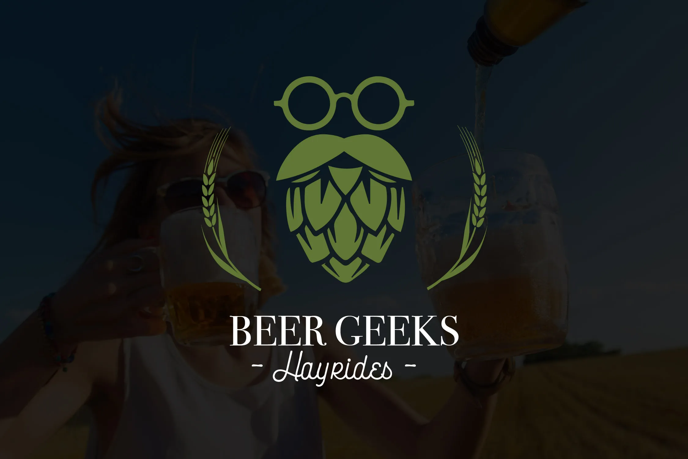 The Beer Geeks Hayrides mark: a hop cone wearing glasses between two stalks of wheat