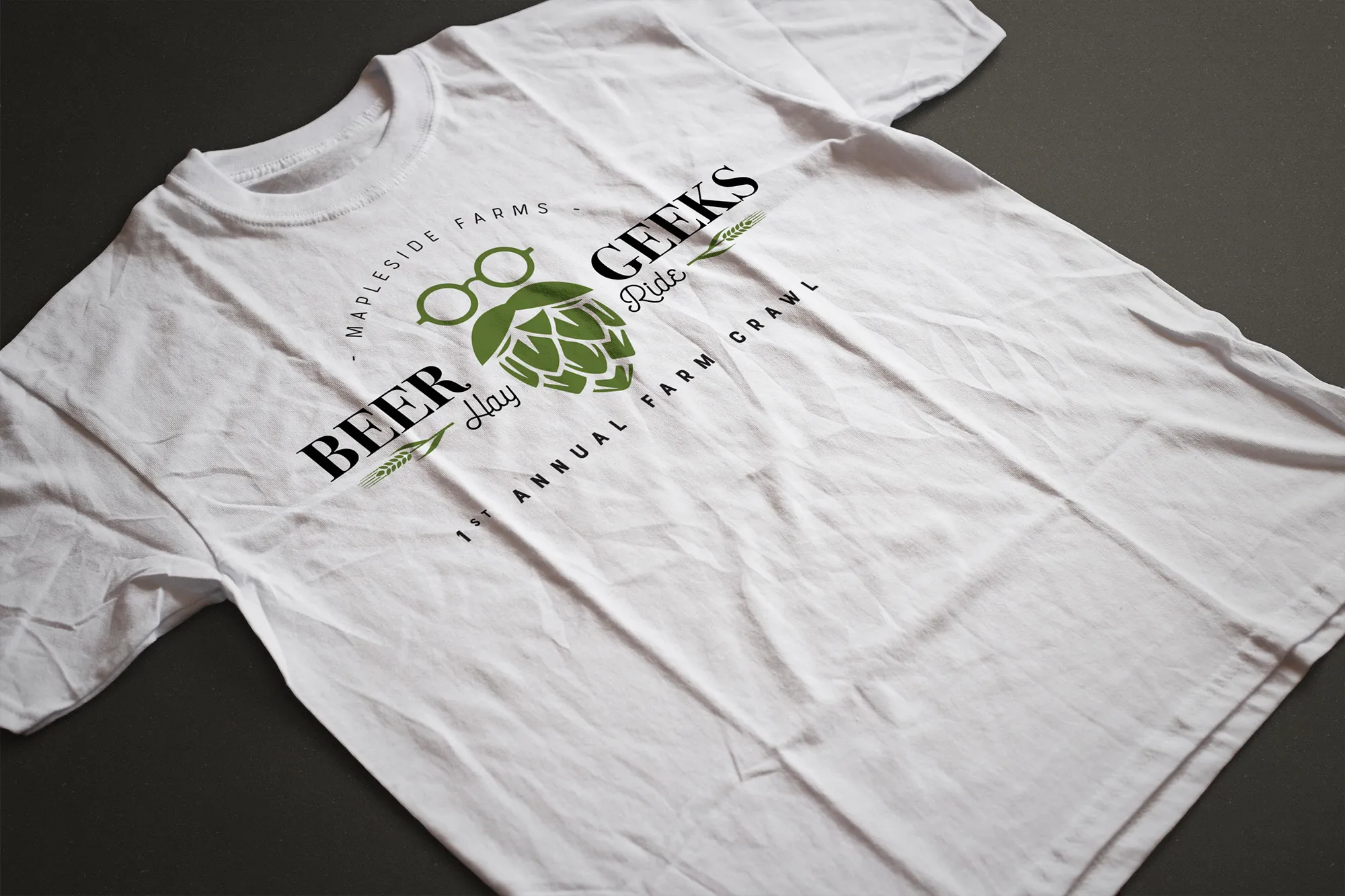 White tee printed with the Beer Geeks Hayride design for the first annual Farm Crawl