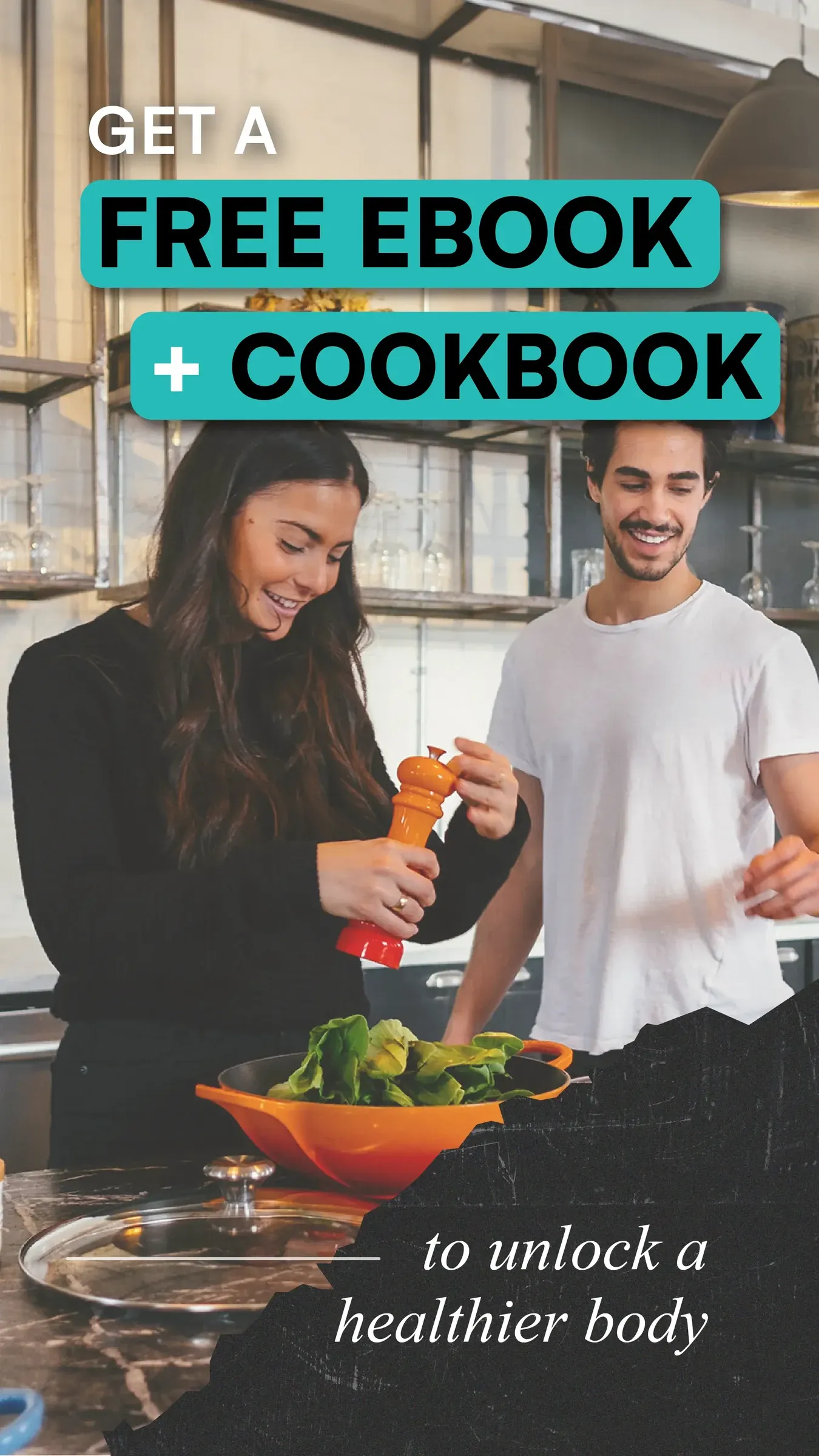 Carb fasting ad: a couple cooking, offering a free ebook and cookbook