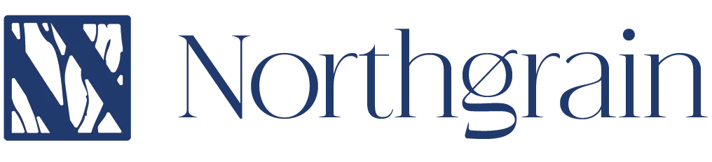 Northgrain logo concept: a square of carved wood grain beside a light serif wordmark