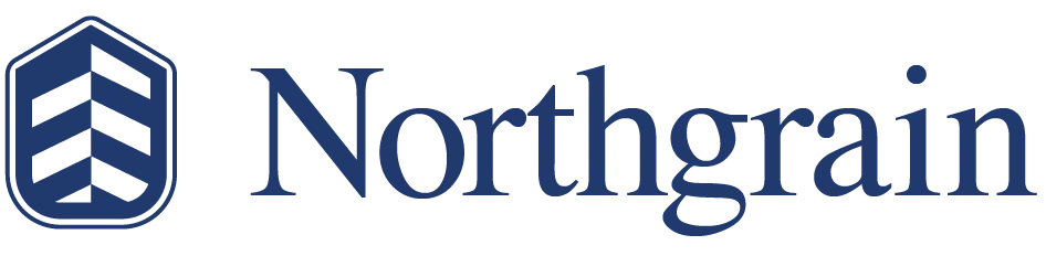 Northgrain logo concept: a chevron shield beside a serif wordmark