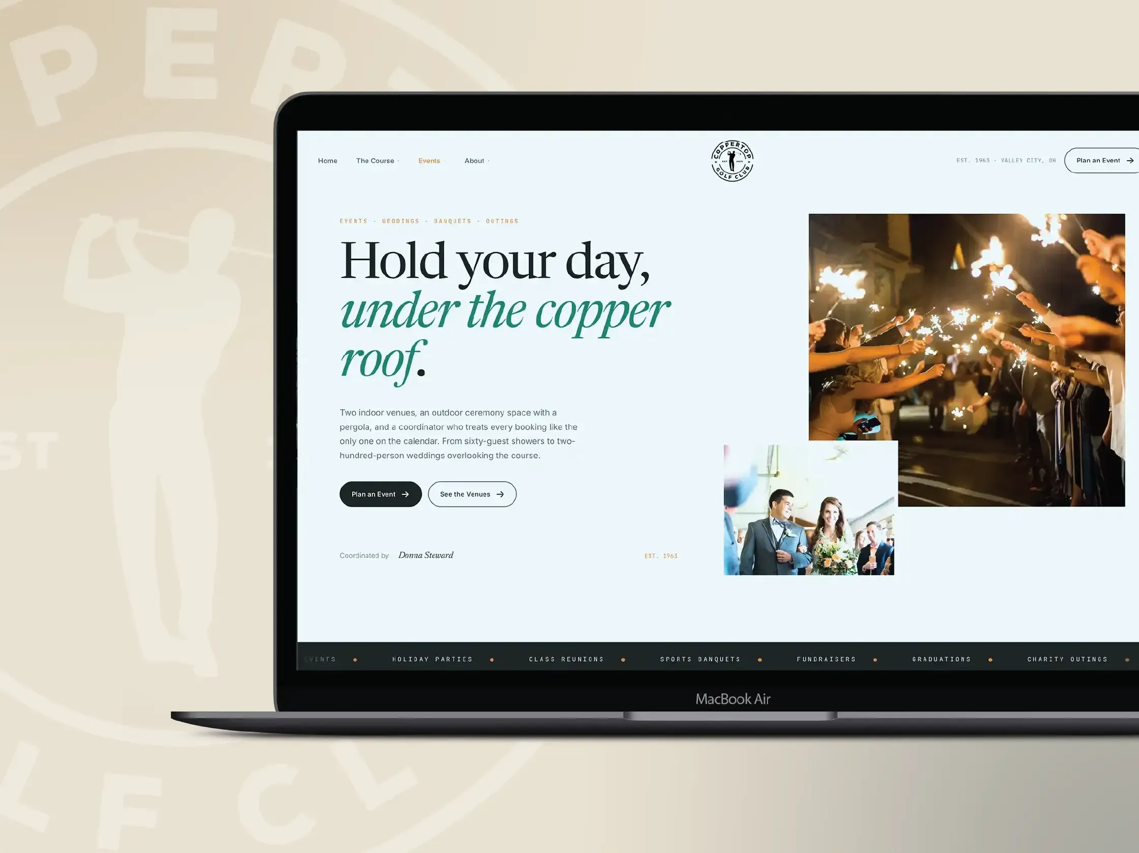 Coppertop Golf Club events page on a laptop, headline reads Hold your day, under the copper roof