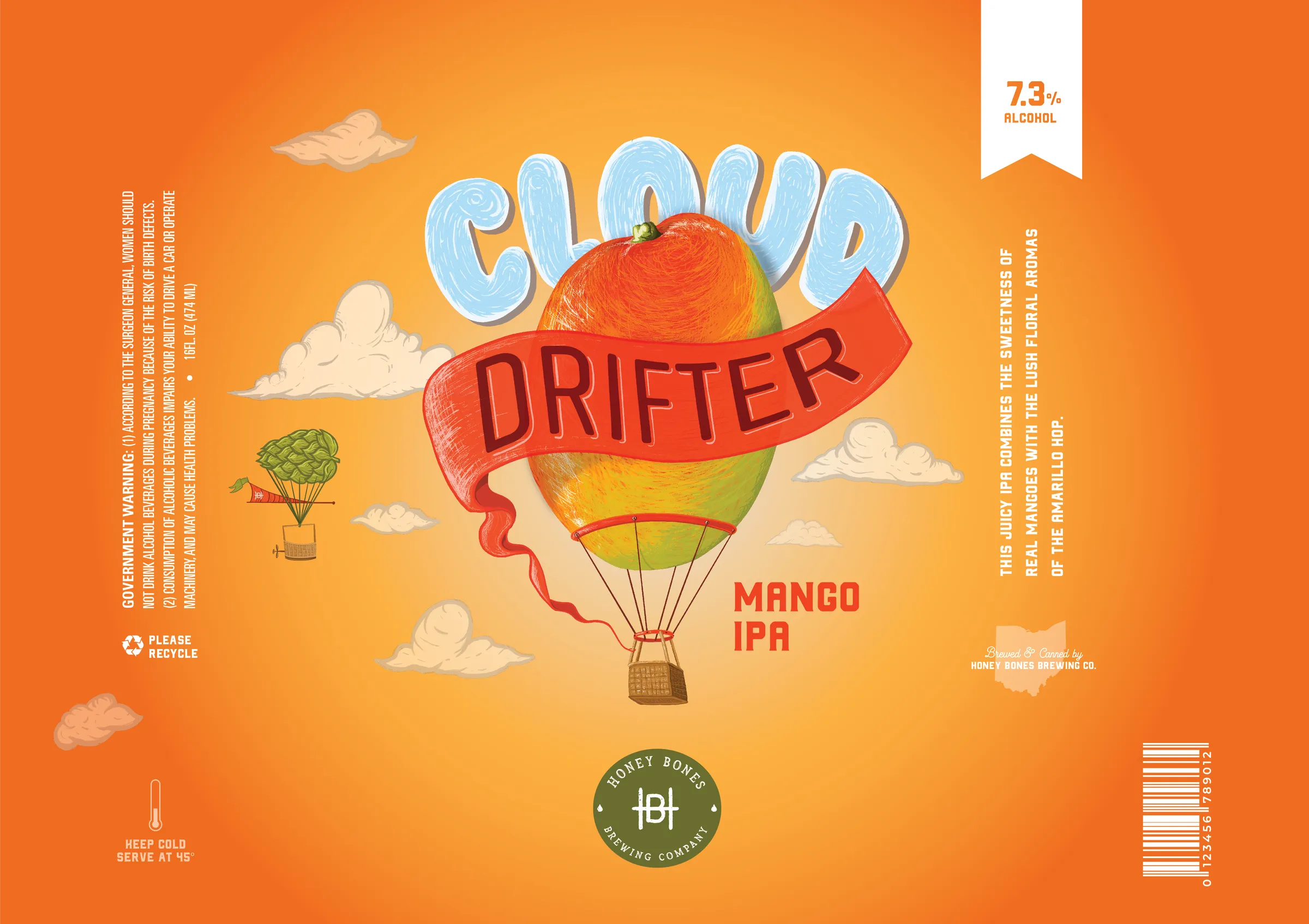 Flat Cloud Drifter label artwork: the mango balloon, clouds and the mango IPA lockup