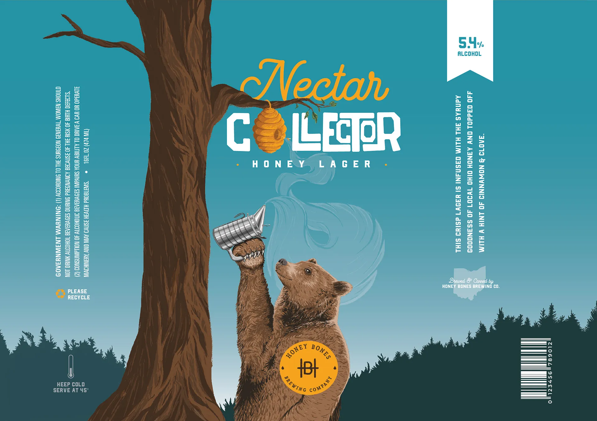 Flat Nectar Collector label artwork: the bear, the hive and the honey lager lockup