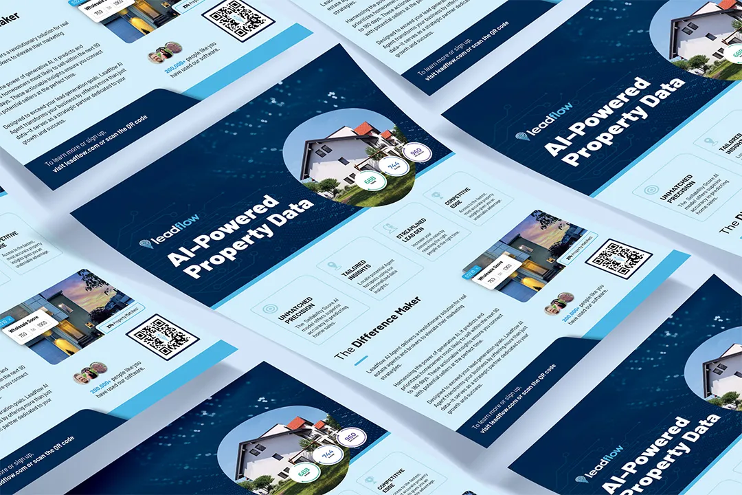 Leadflow AI-Powered Property Data flyers spread across a table