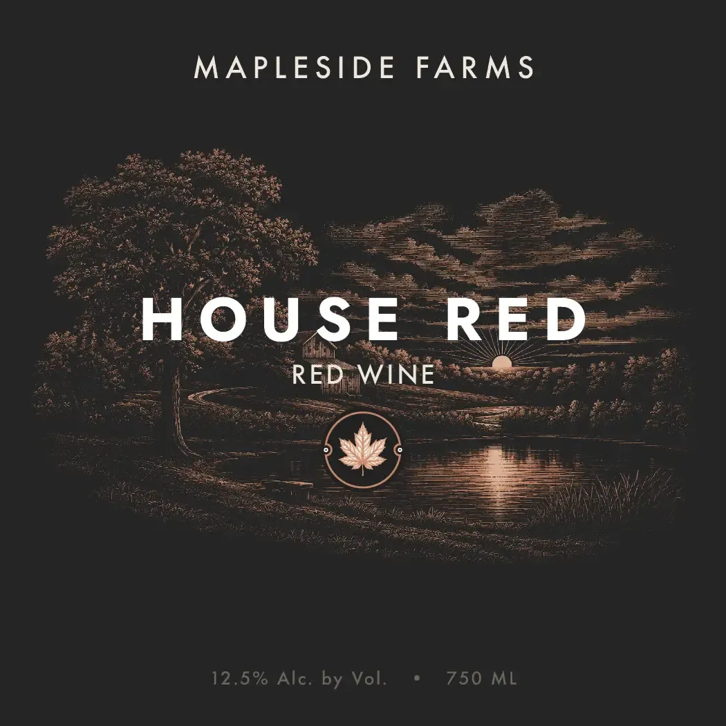 House Red label: the orchard pond at dusk, engraved in warm tones on near-black