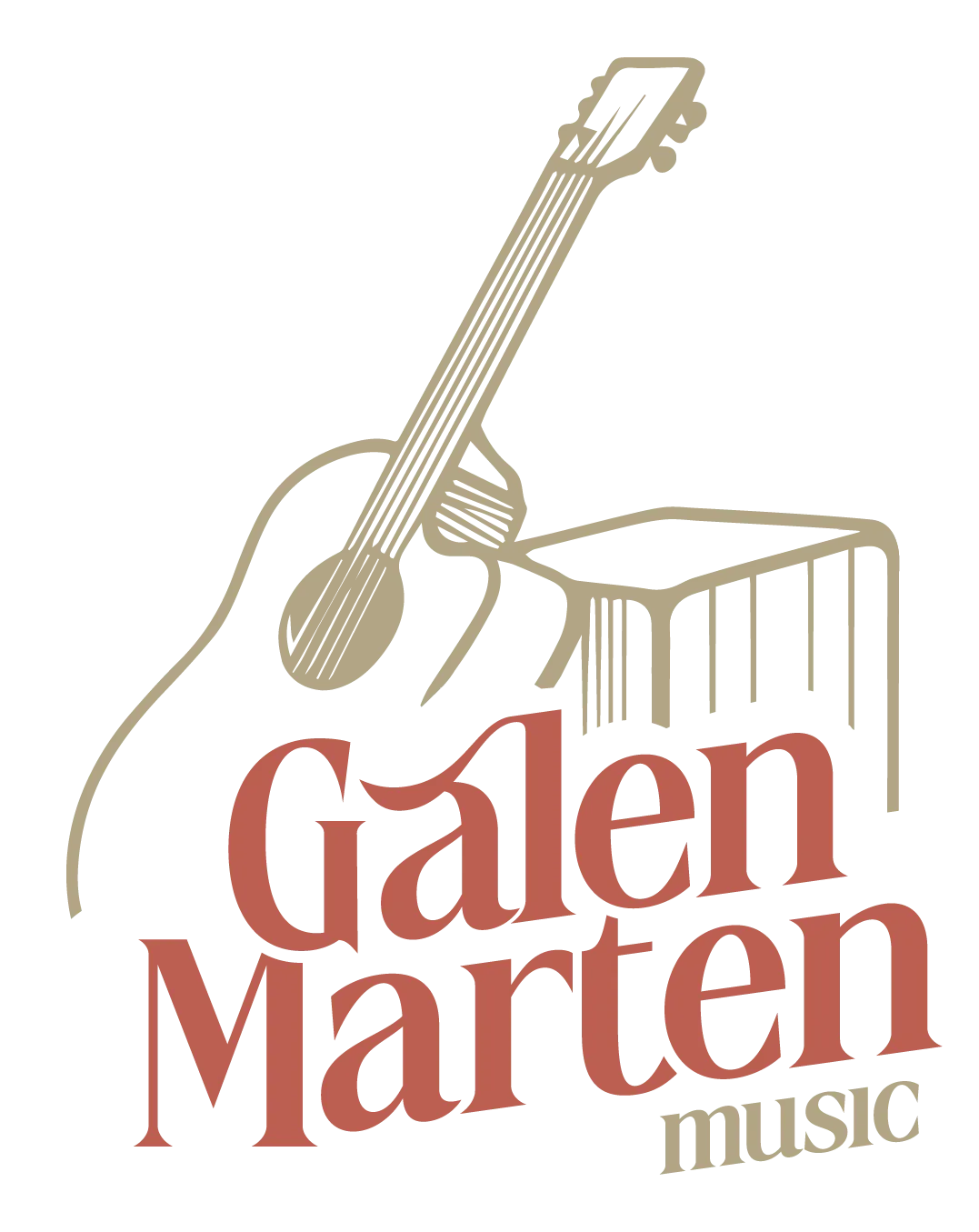 Stacked Galen Marten Music lockup with a guitar and cajon drawn above the name