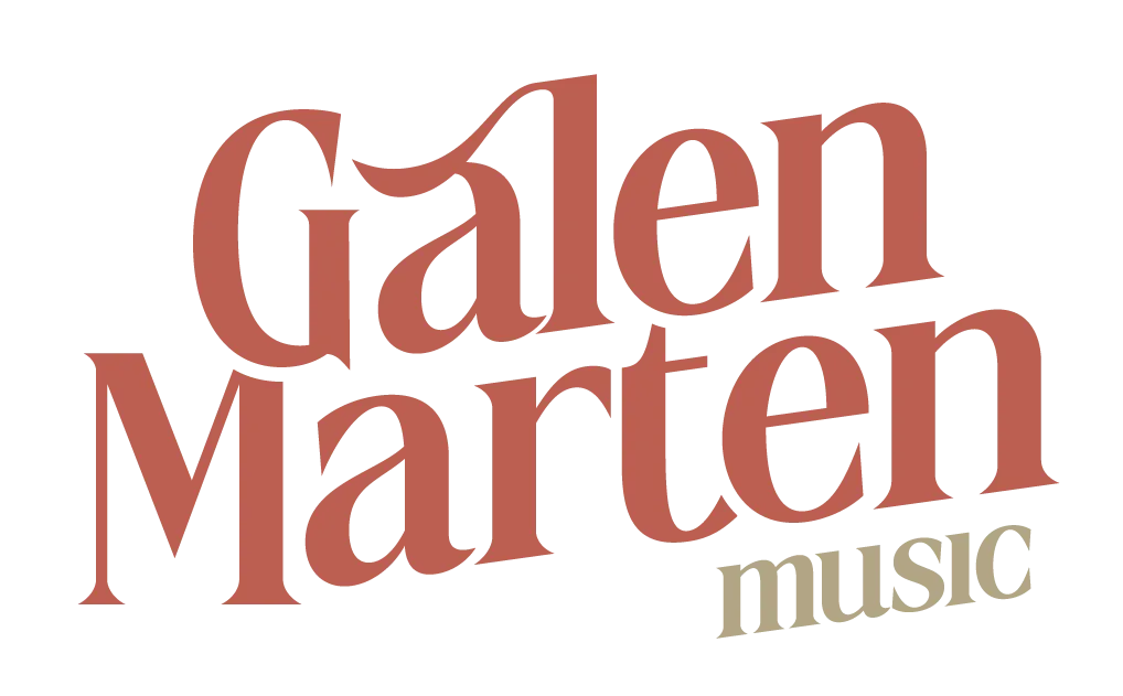 The Galen Marten Music wordmark: a leaning rust-red serif lockup with music set small in sage beneath