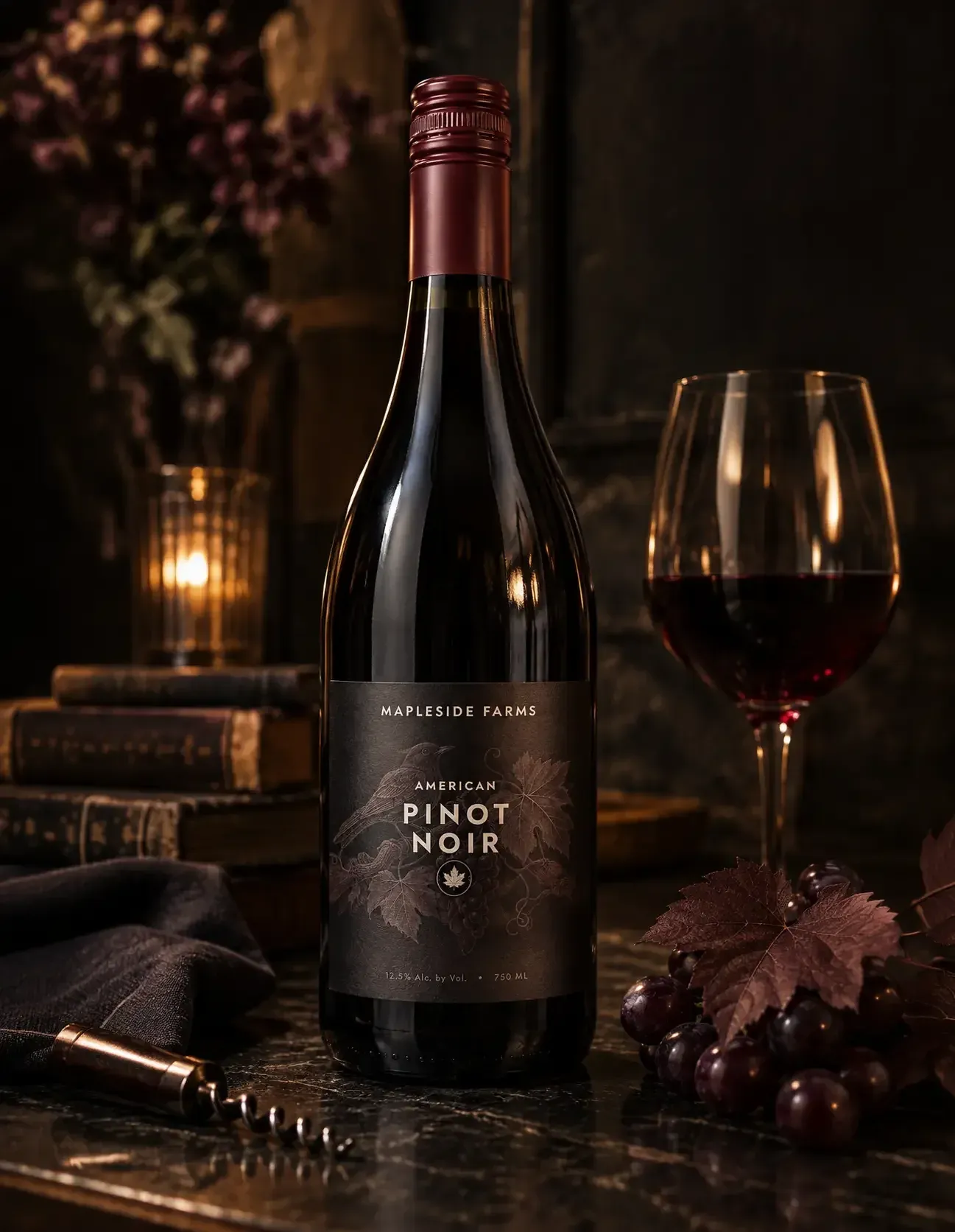 A bottle of Mapleside Farms American Pinot Noir on a dark bar beside a poured glass, candle and grapes