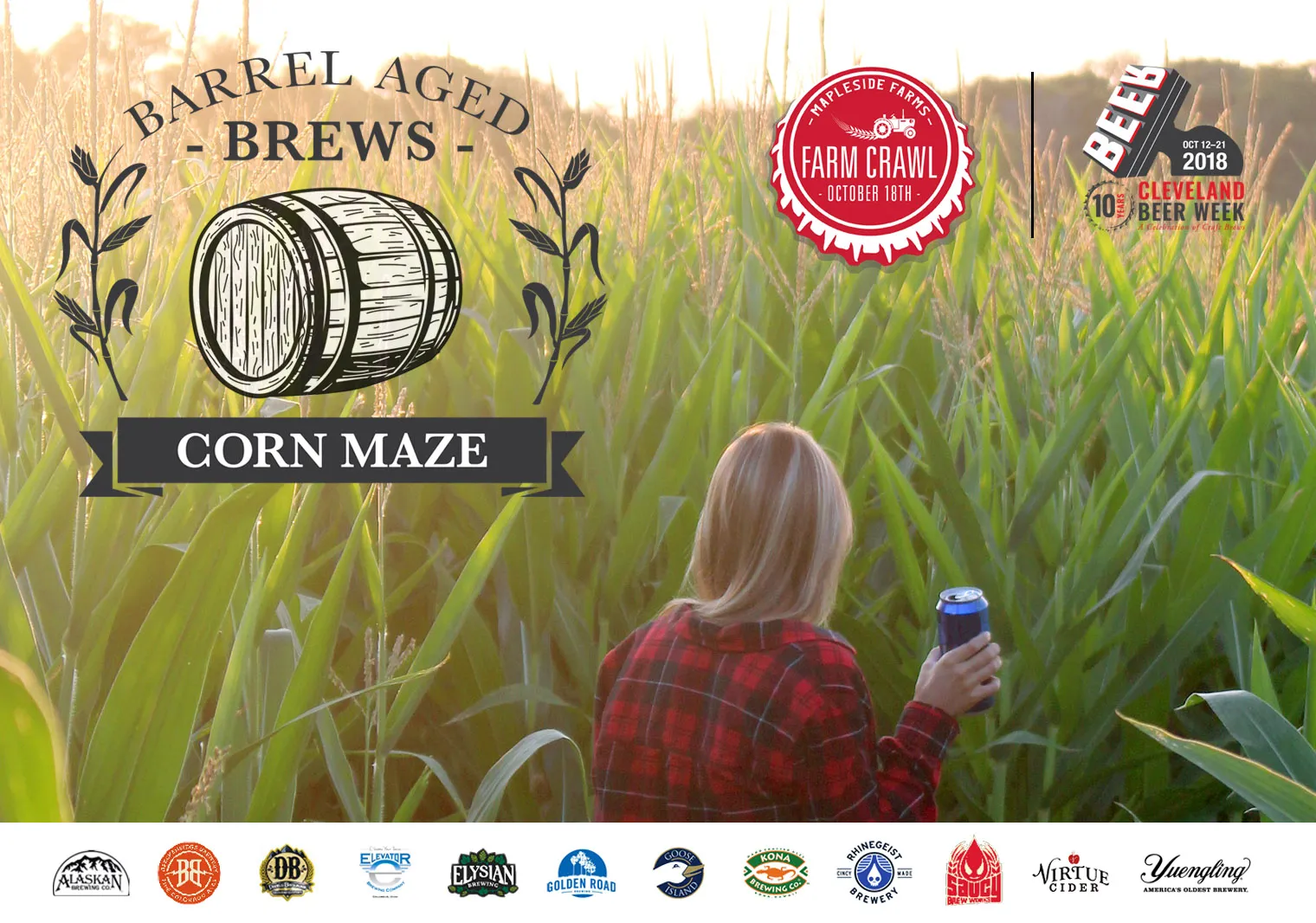 Barrel Aged Brews corn maze promo with the logos of every participating brewery along the bottom