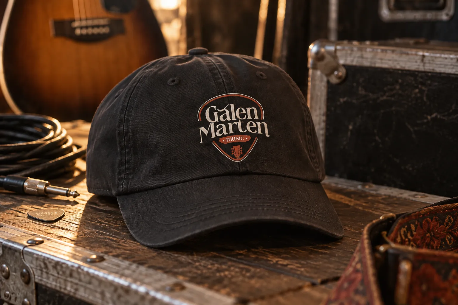 The Galen Marten cap with the pick badge embroidered on the front, on a road case