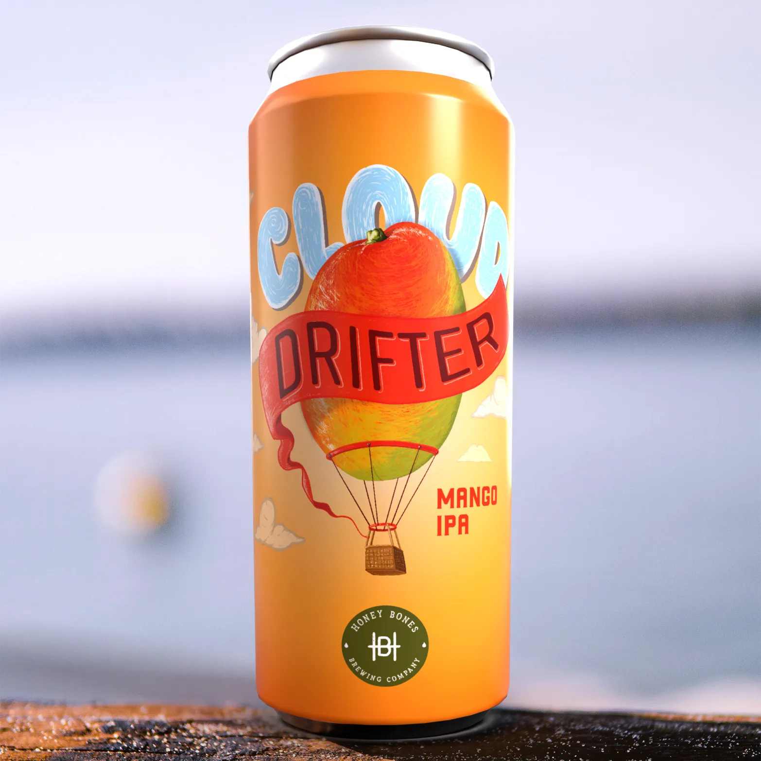 Cloud Drifter can standing on a dock rail against the water