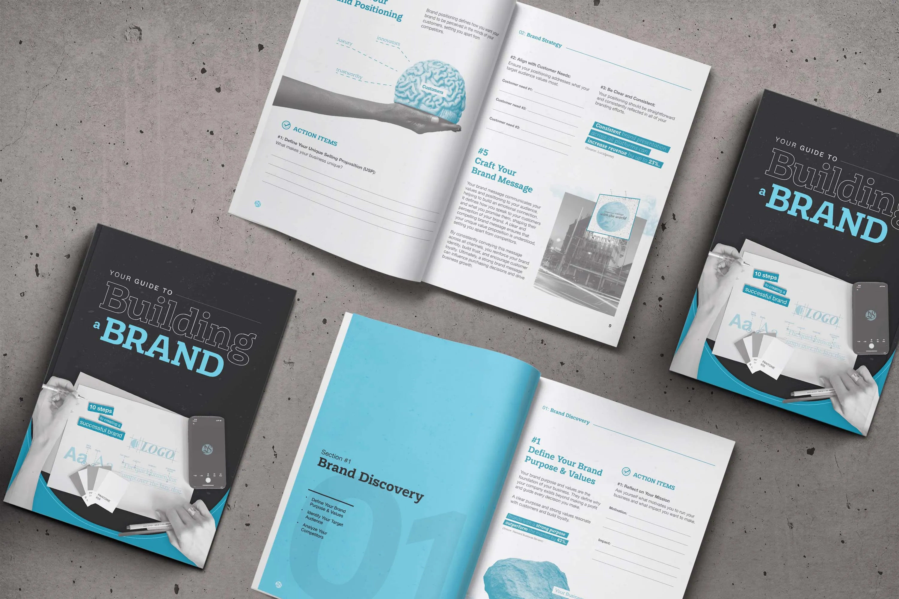 The guide open at Brand Strategy, with the Craft Your Brand Message worksheet