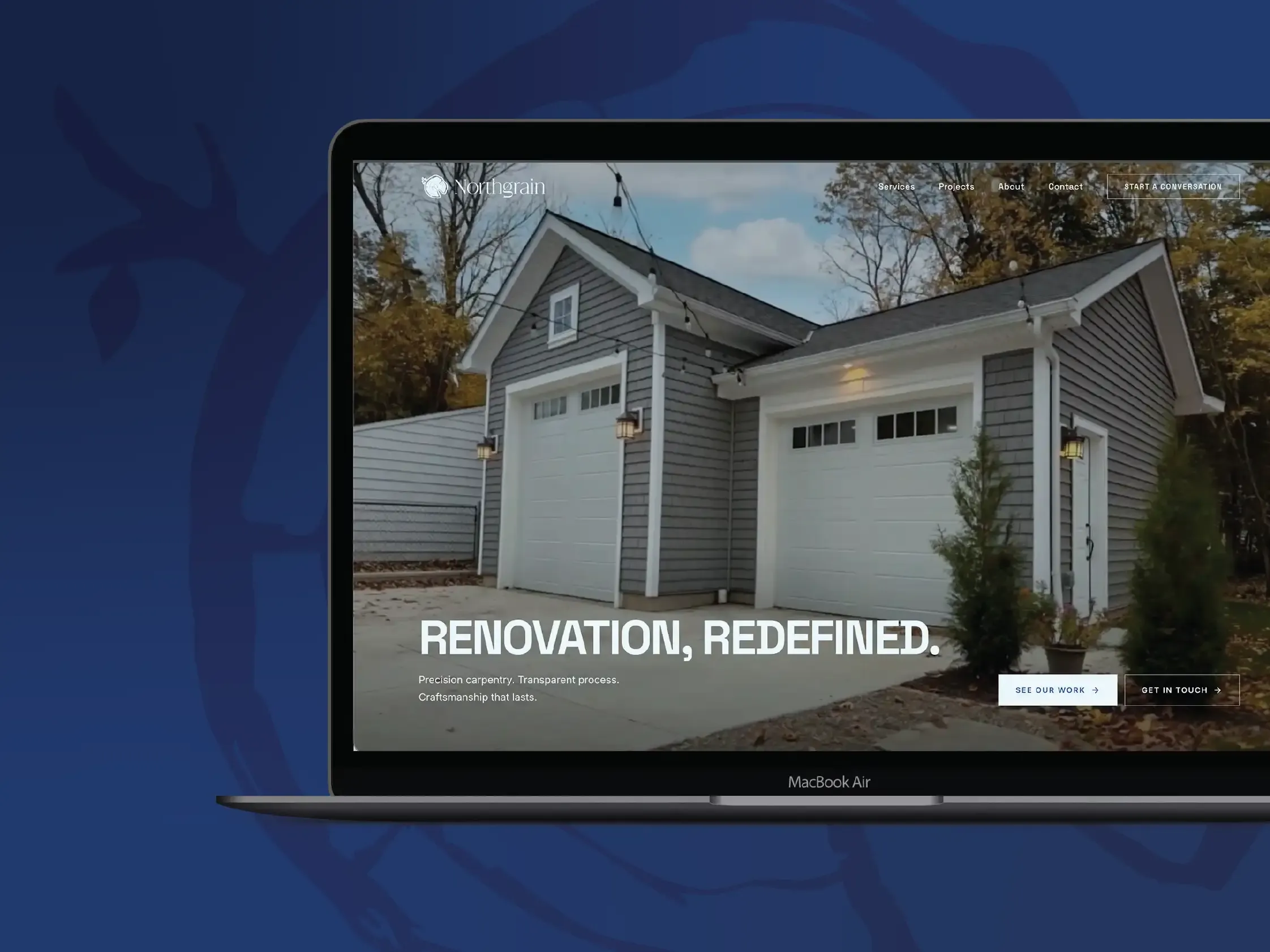 Northgrain website homepage, hero reads Renovation, Redefined over rotating project footage