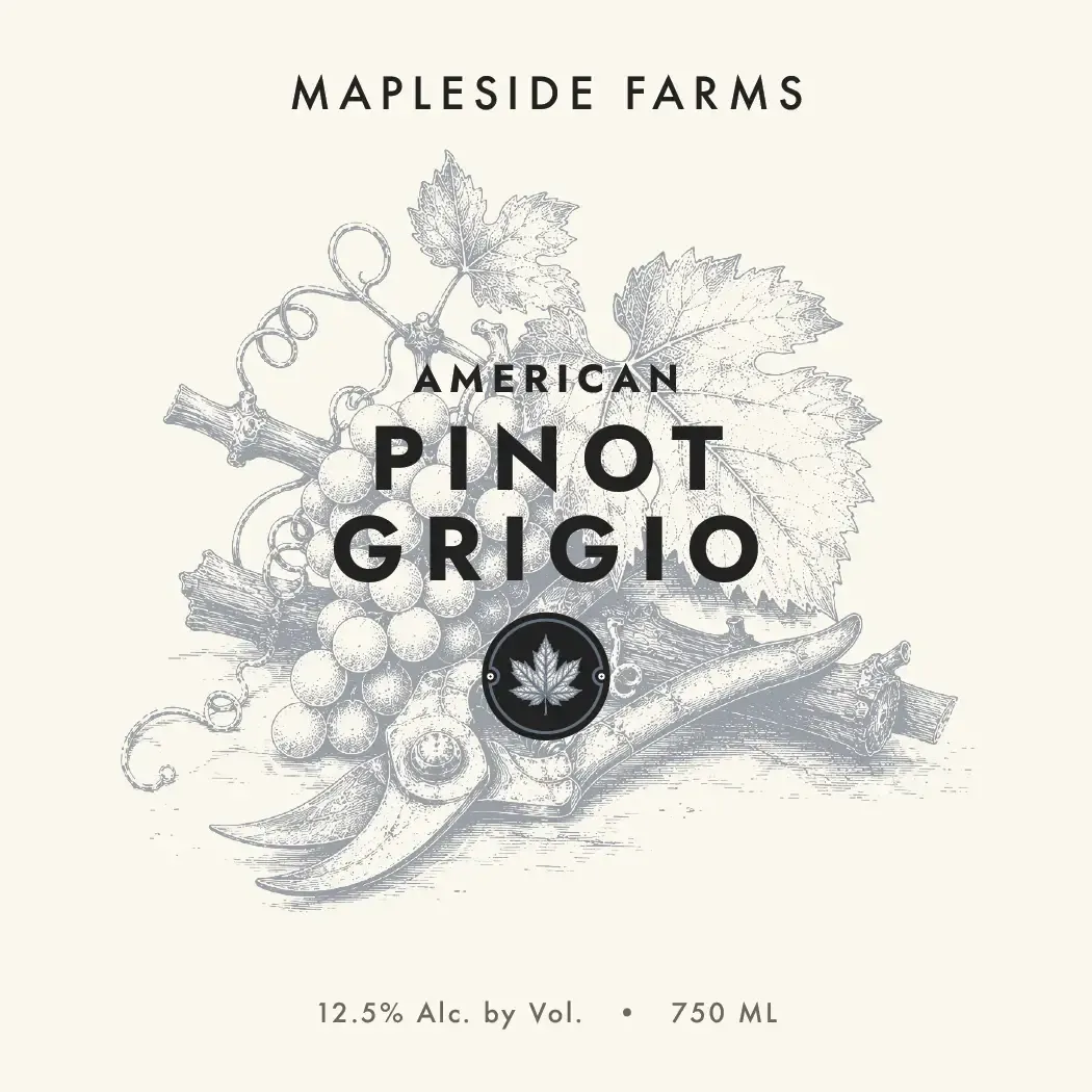 American Pinot Grigio label: vines and pruning shears engraved in blue-grey on cream