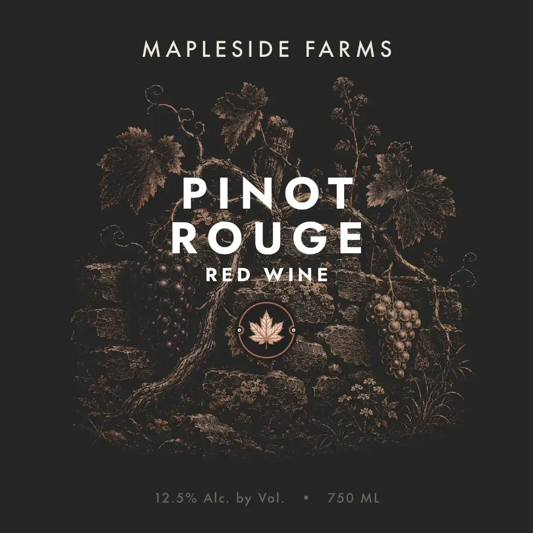 Pinot Rouge label: a fruiting vine engraved in warm tones on near-black