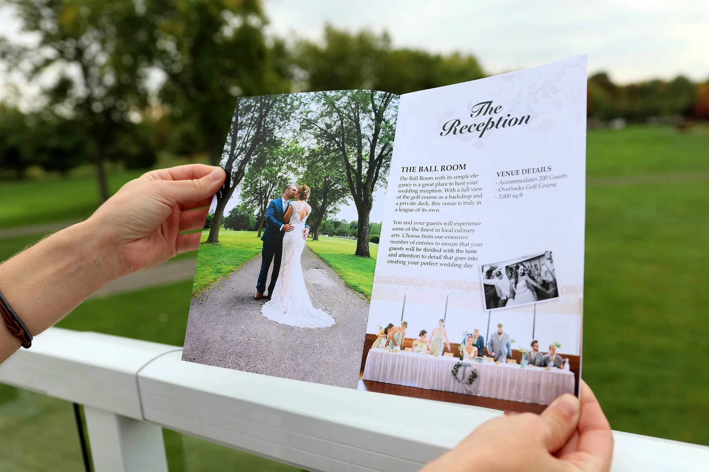 Coppertop wedding guide open to the reception spread, held on the course
