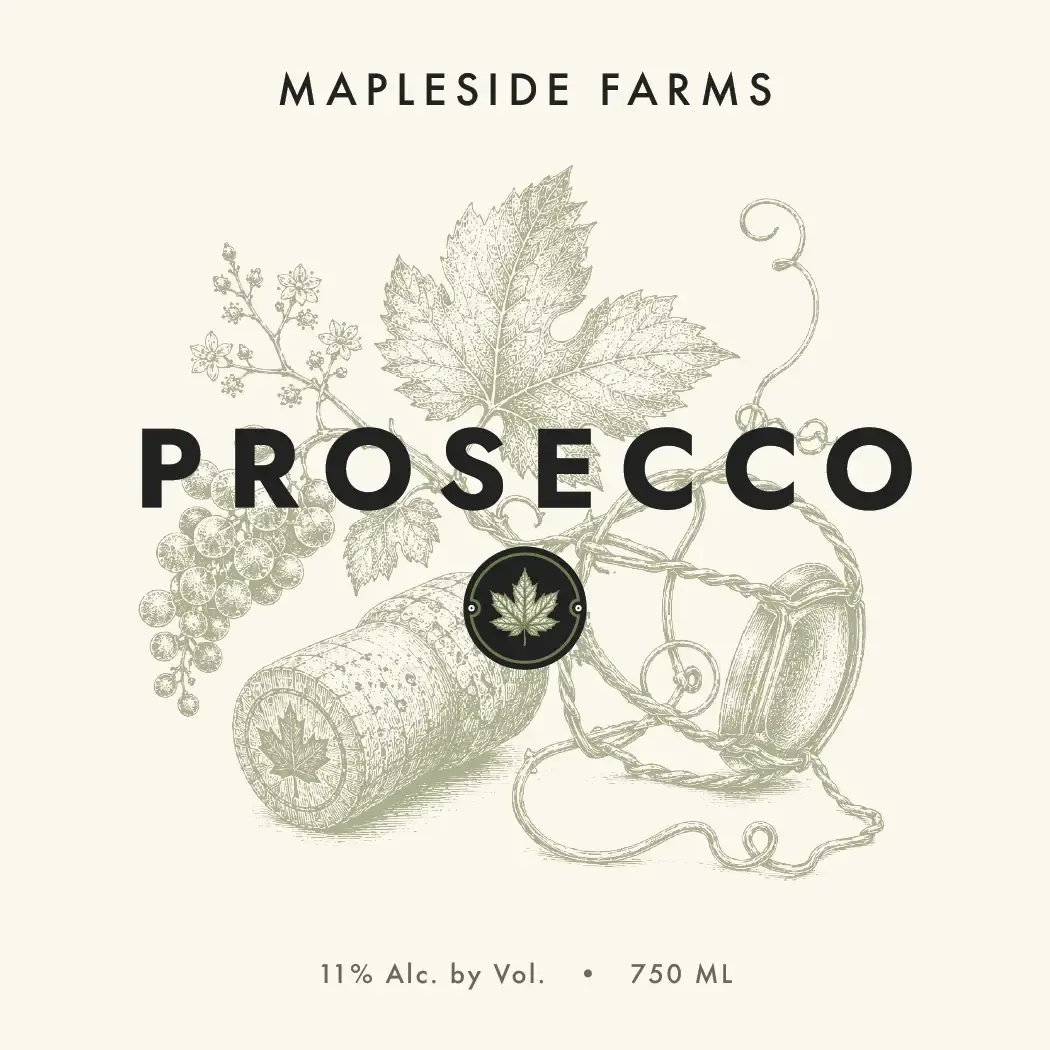 Prosecco label: a cork and a curl of vine, engraved in sage on cream