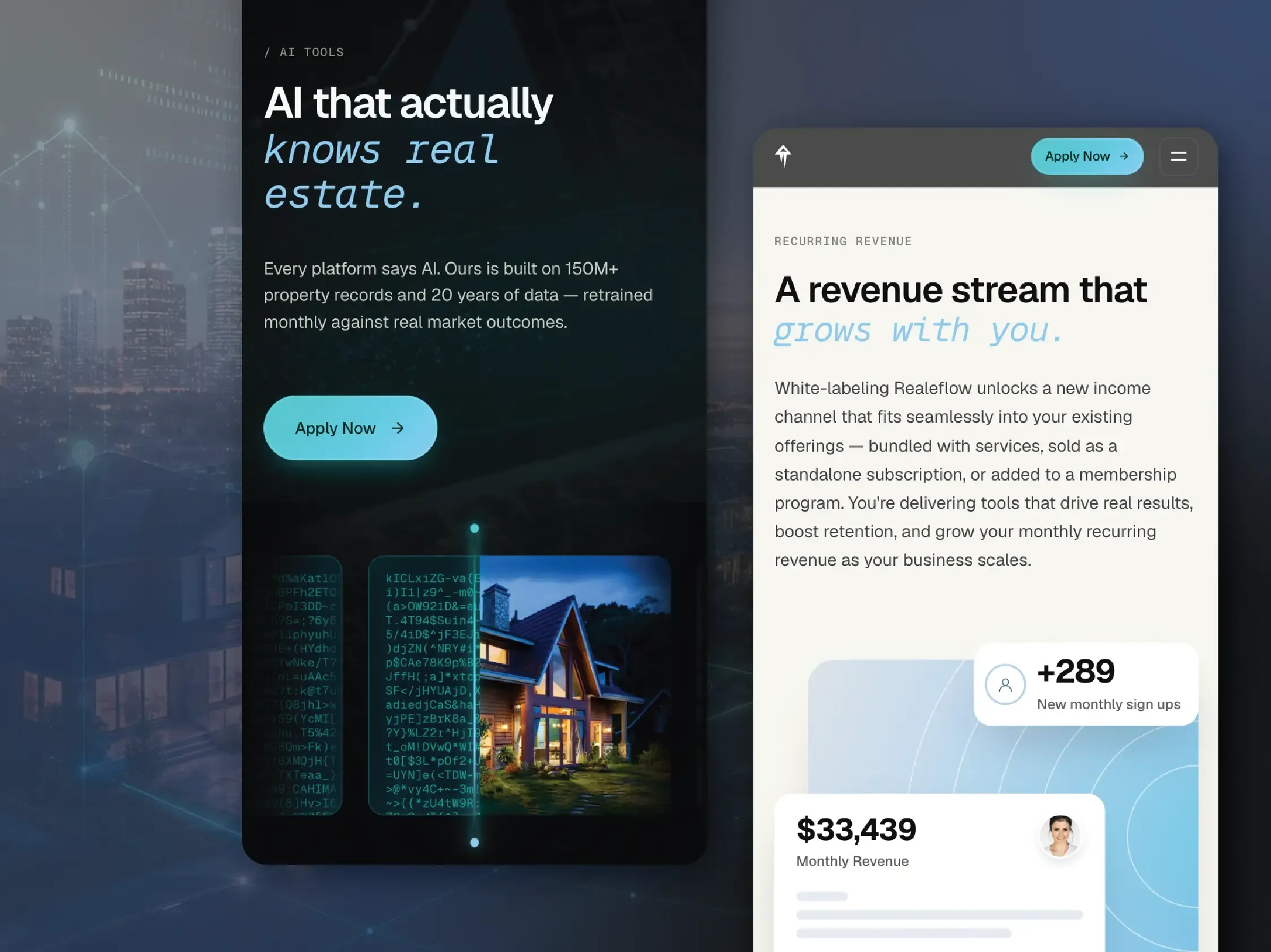 Realeflow AI tools page: the line AI that actually knows real estate over a row of property cards