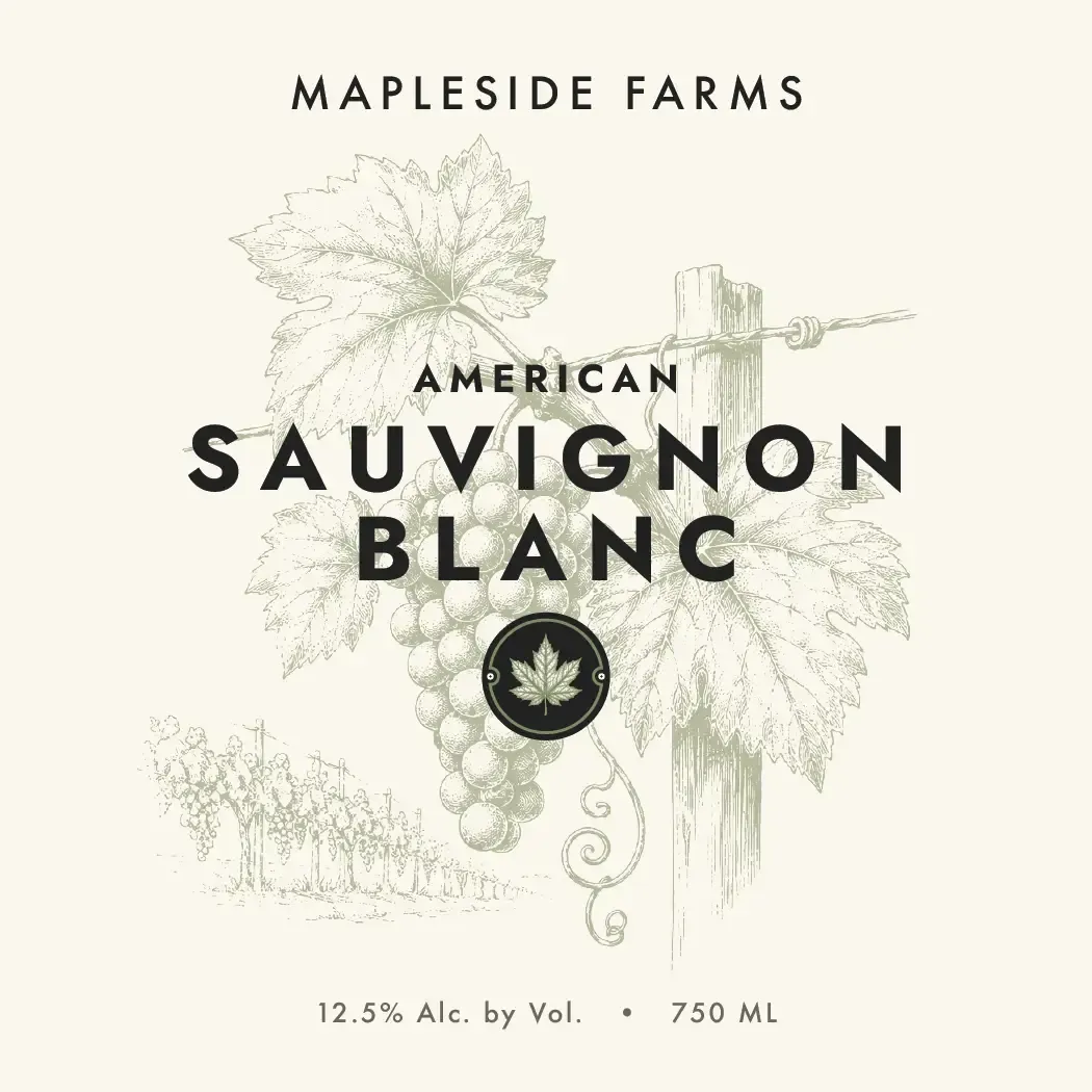 American Sauvignon Blanc label: a vineyard trellis engraved in green on cream