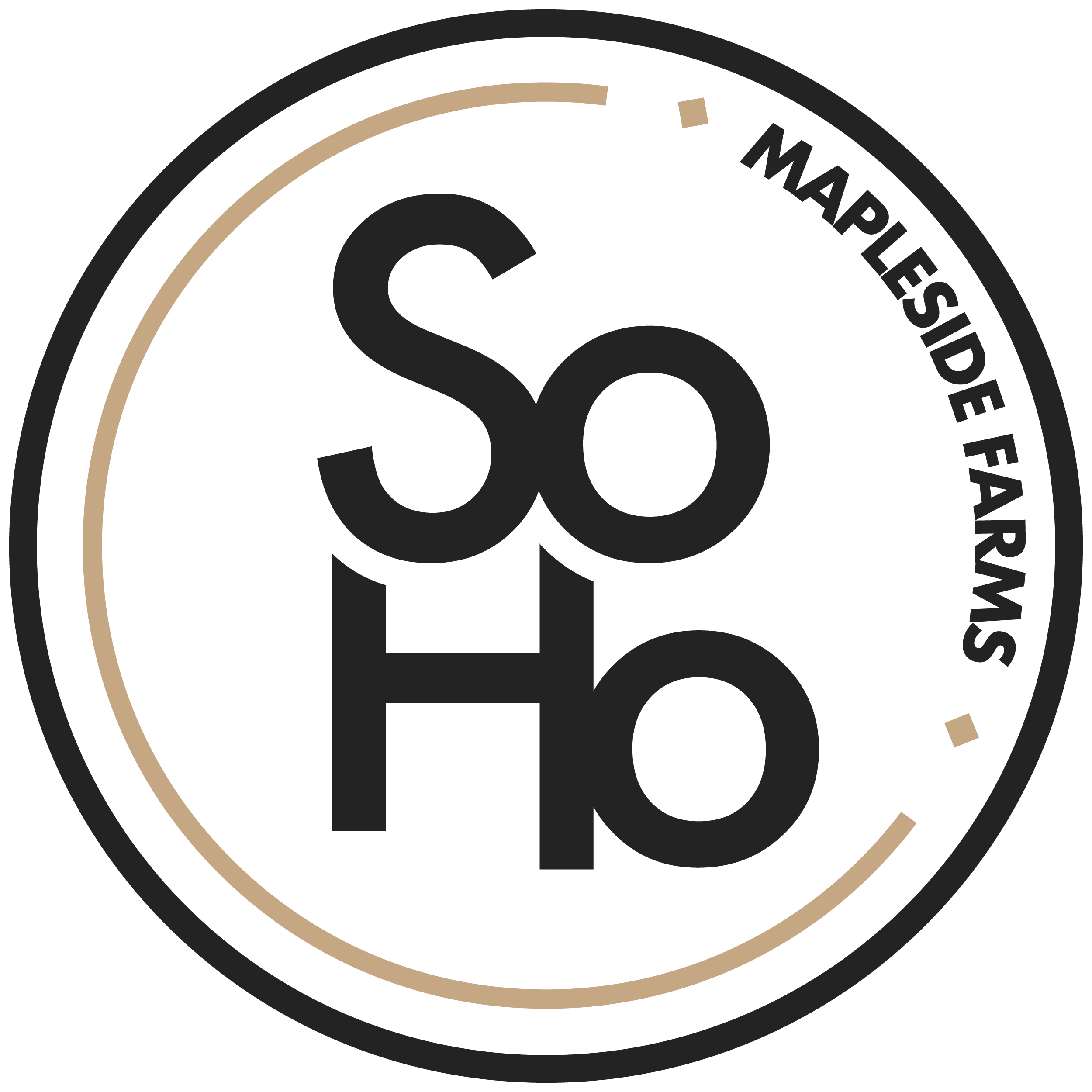 The SoHo monogram: S-o over H-o inside a double ring with Mapleside Farms curving around the edge
