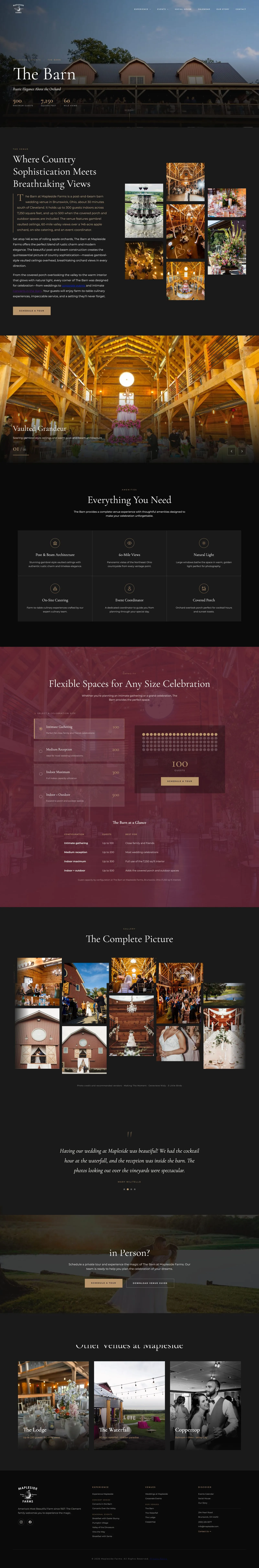 The full Barn venue page: hero and capacity stats, the story, the vaulted interior gallery, the amenities grid, a space configurator, photography and other venues