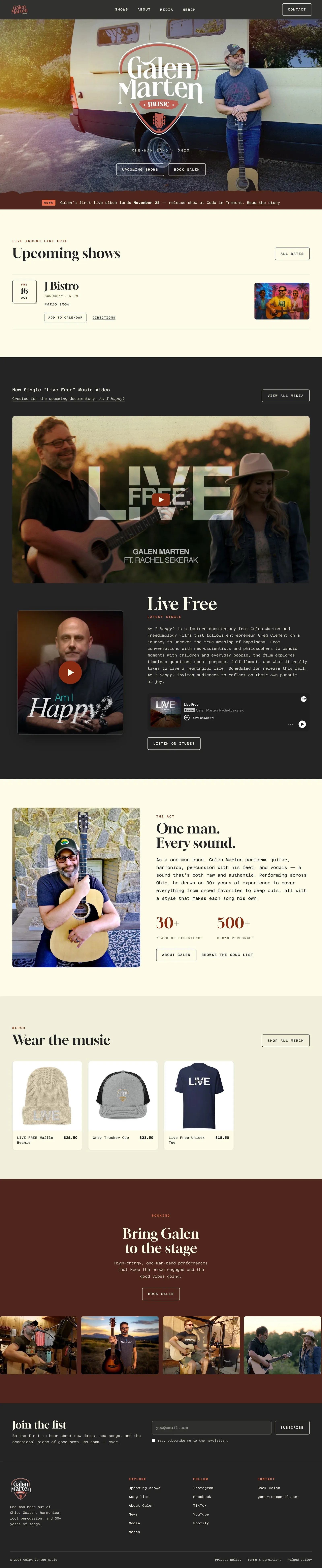The full Galen Marten Music homepage: shows, the latest single, the act, merch and booking