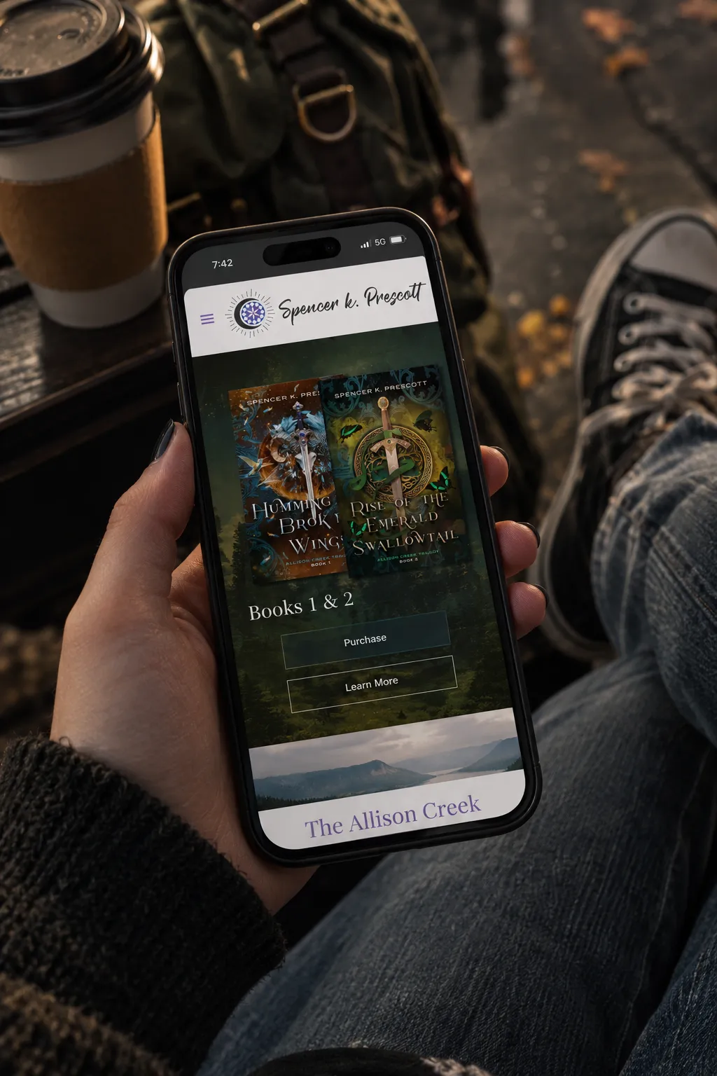 The Spencer K. Prescott site open on a phone, showing both covers and the Allison Creek section