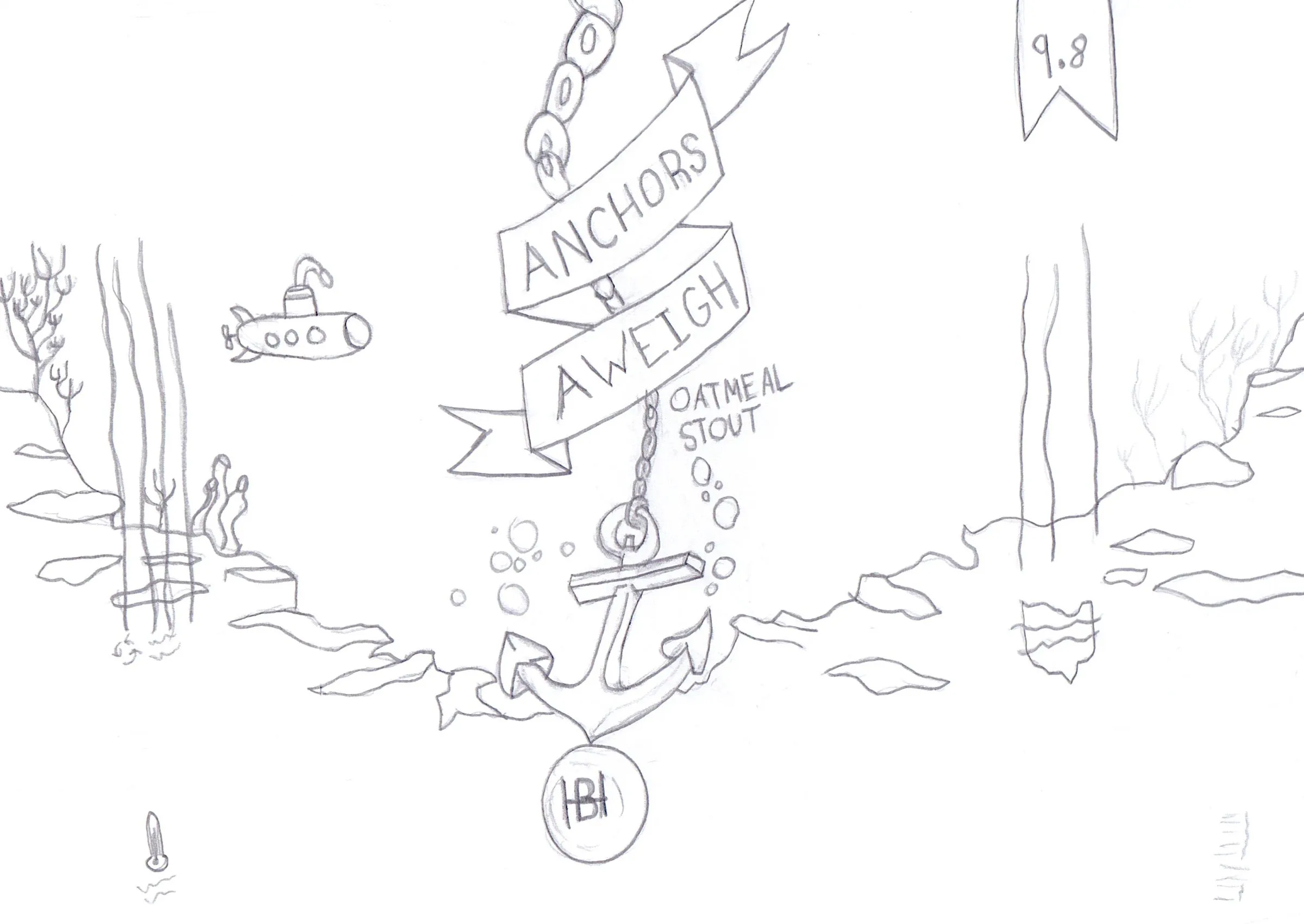 Pencil sketch of the Anchors Aweigh wrap: an anchor on the sea floor