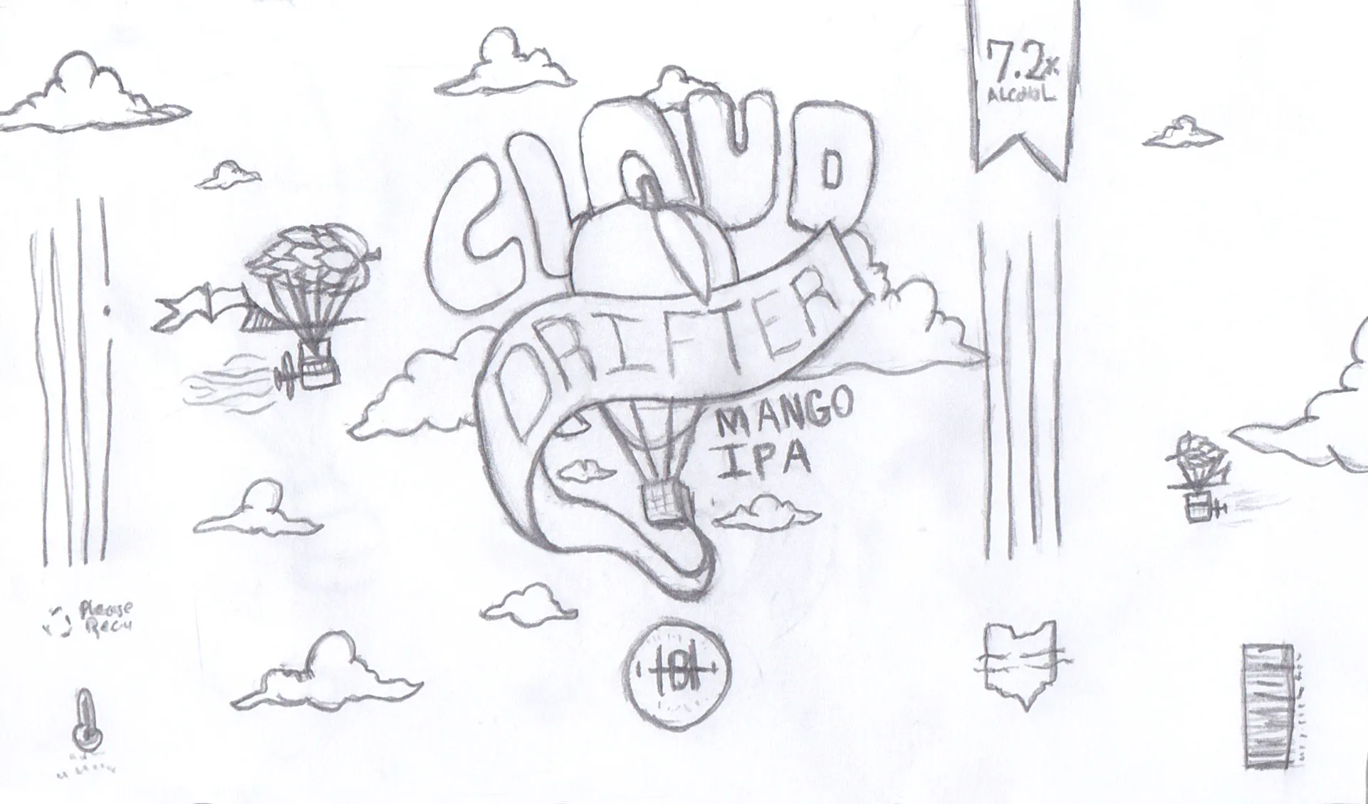 Pencil sketch of the Cloud Drifter wrap: a mango hot-air balloon among clouds