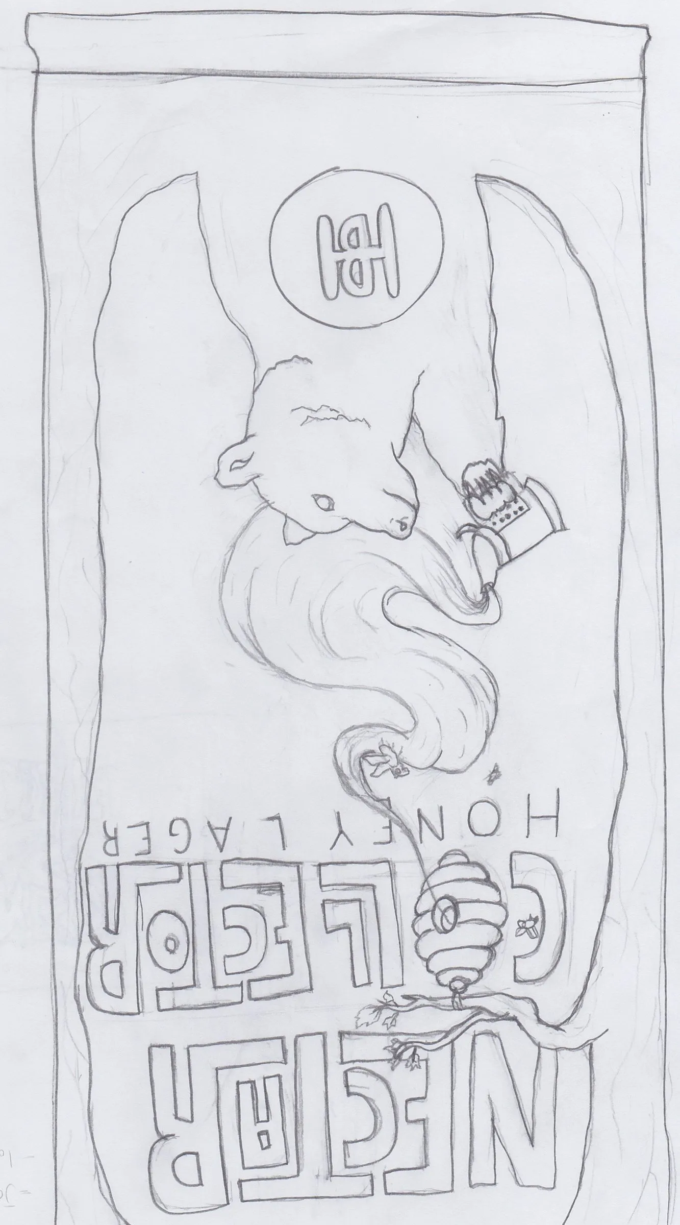 Pencil sketch of the Nectar Collector front panel: a bear reaching for a hive