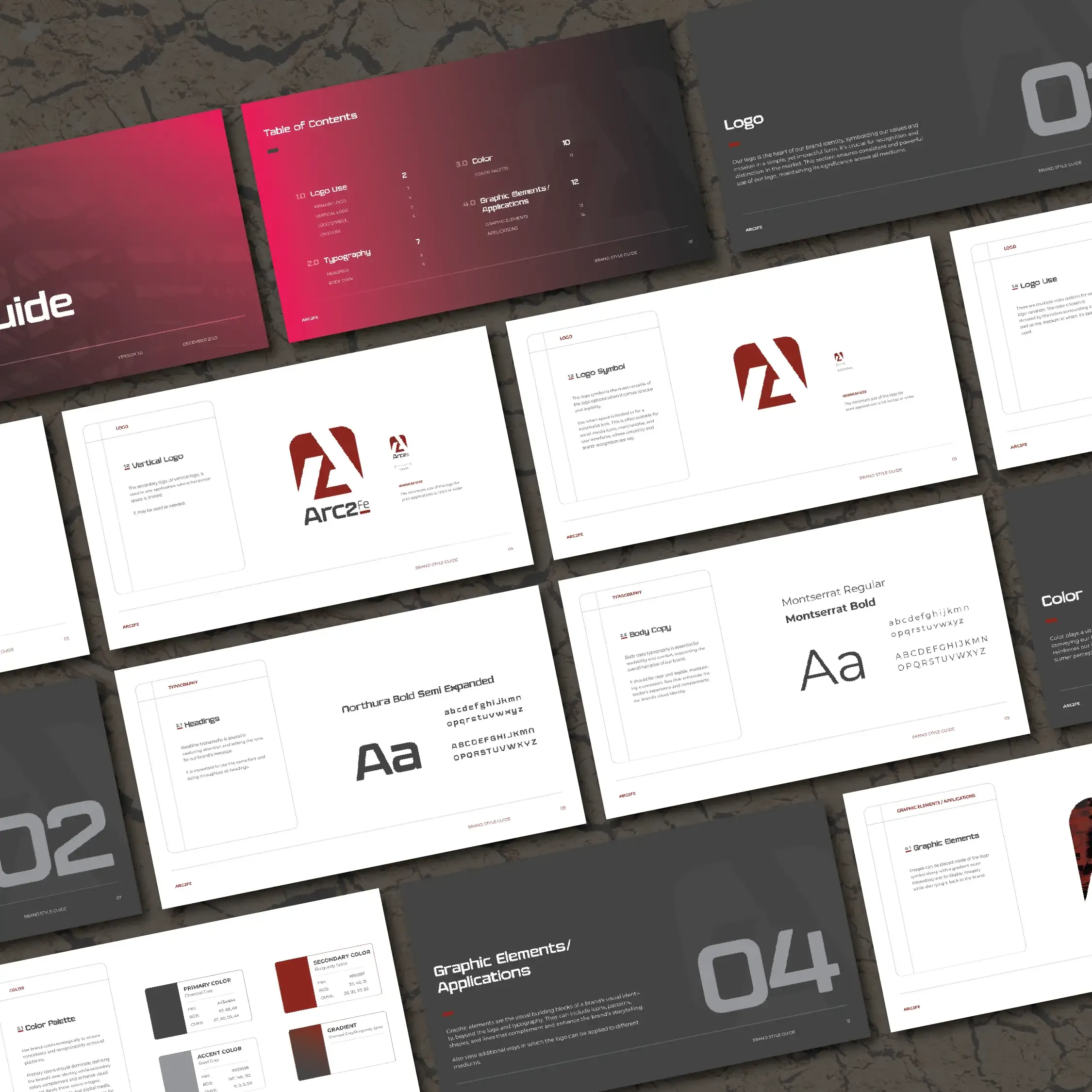 Spreads from the Arc2FE brand style guide laid out on a dark surface