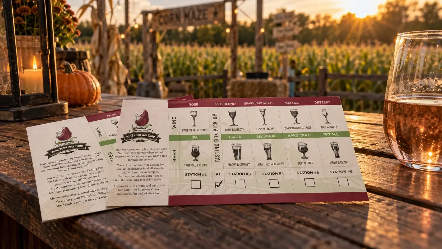 The Wine Your Way Thru tasting card open on a table beside a glass of wine, showing the five-station grid