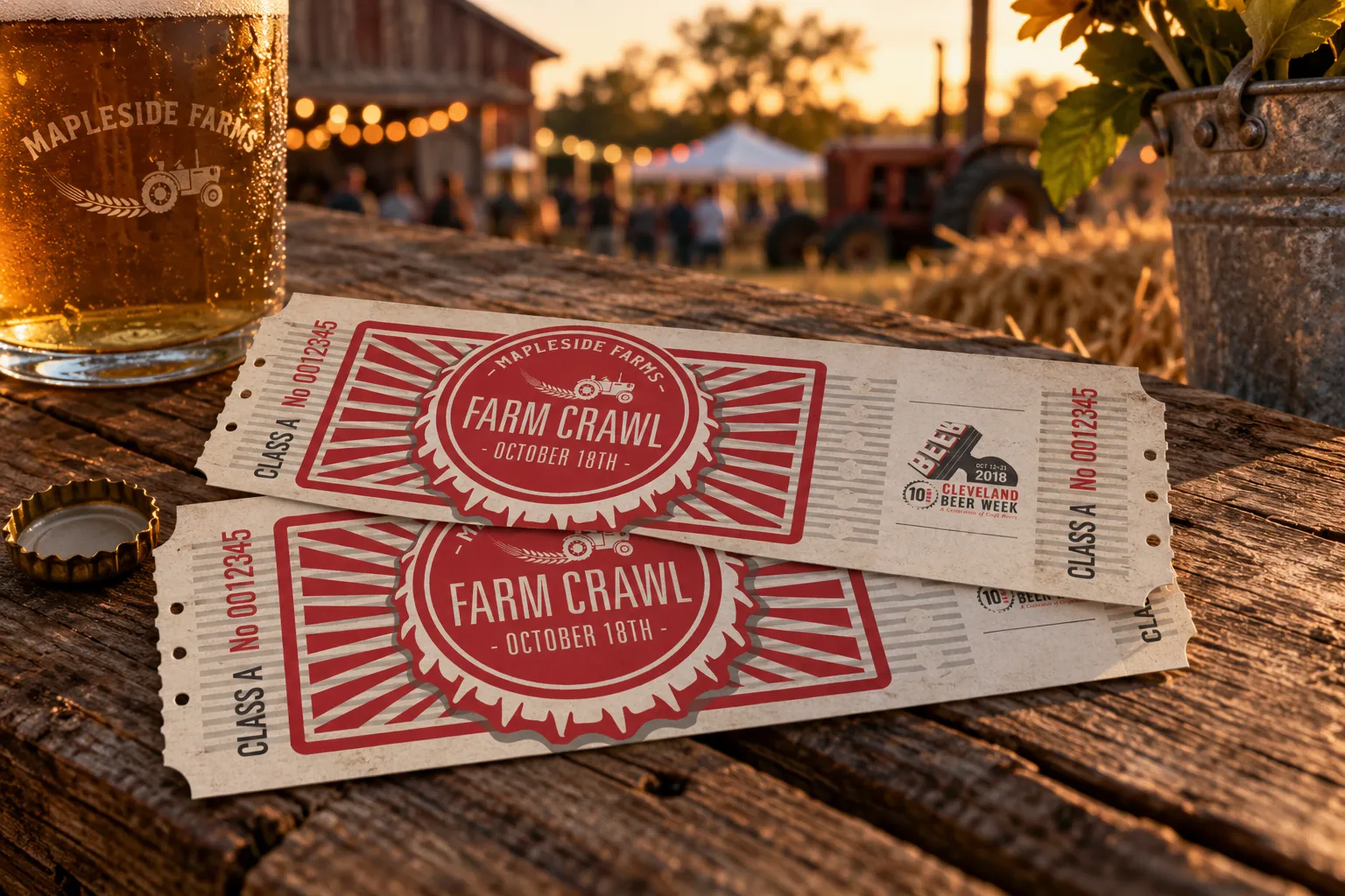 Farm Crawl tickets on a picnic table beside a beer