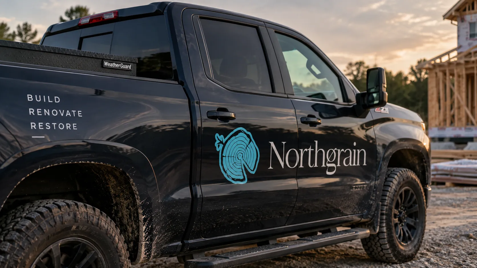 The Northgrain mark on a black pickup beside the line build, renovate, restore