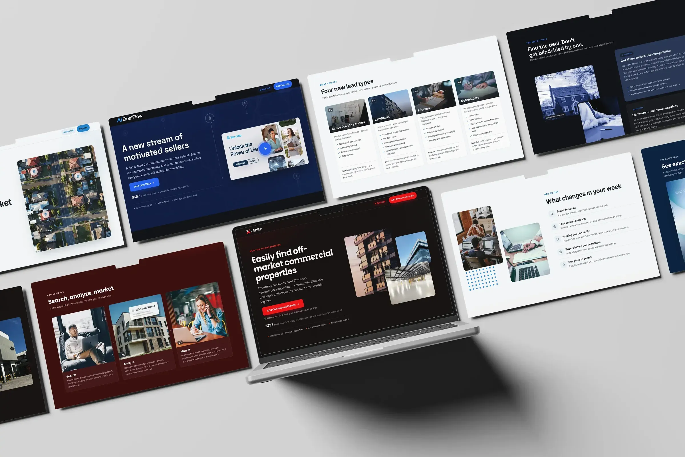 White-label partner sites in different brands: DealFlow, XLeads and CloudFlow on laptop and phone mockups