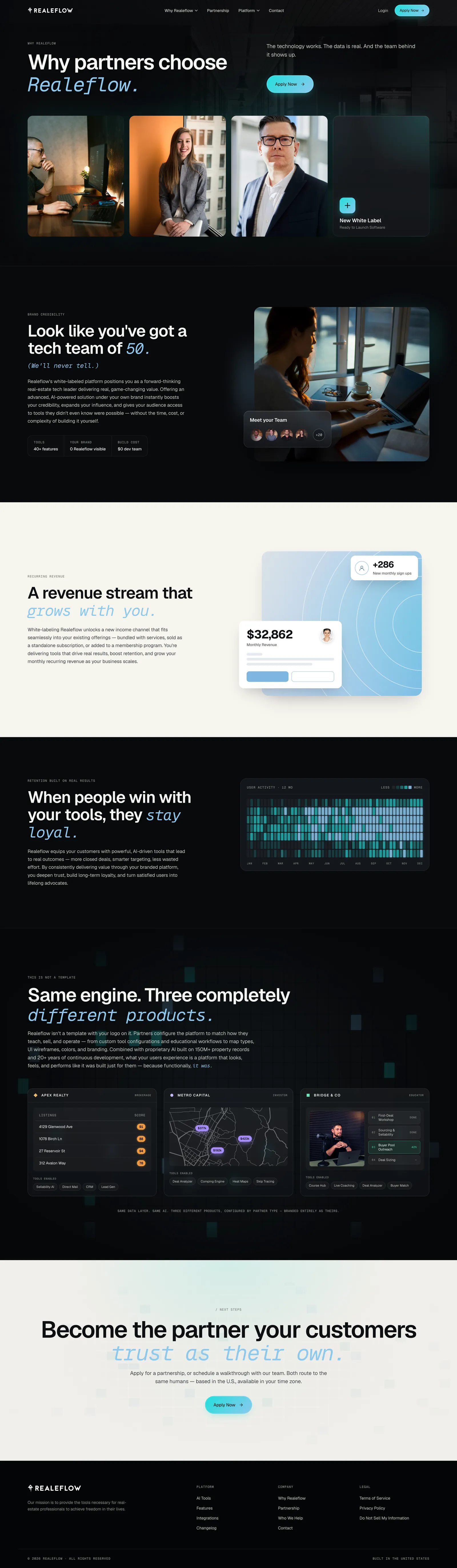 The full Why Realeflow page: why partners choose Realeflow, look like you've got a tech team of 50