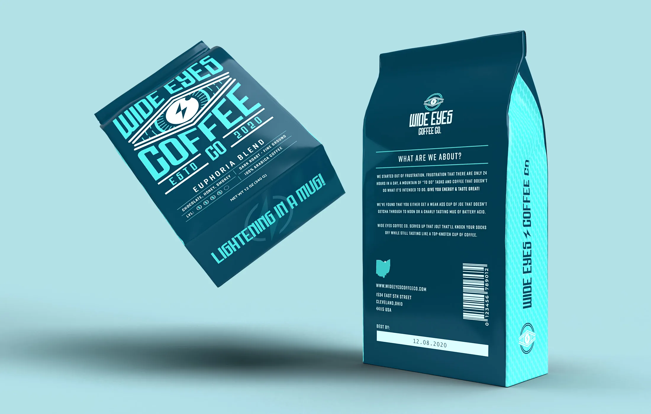 Two Wide Eyes coffee bags floating on a pale blue field, front and back of the Euphoria Blend