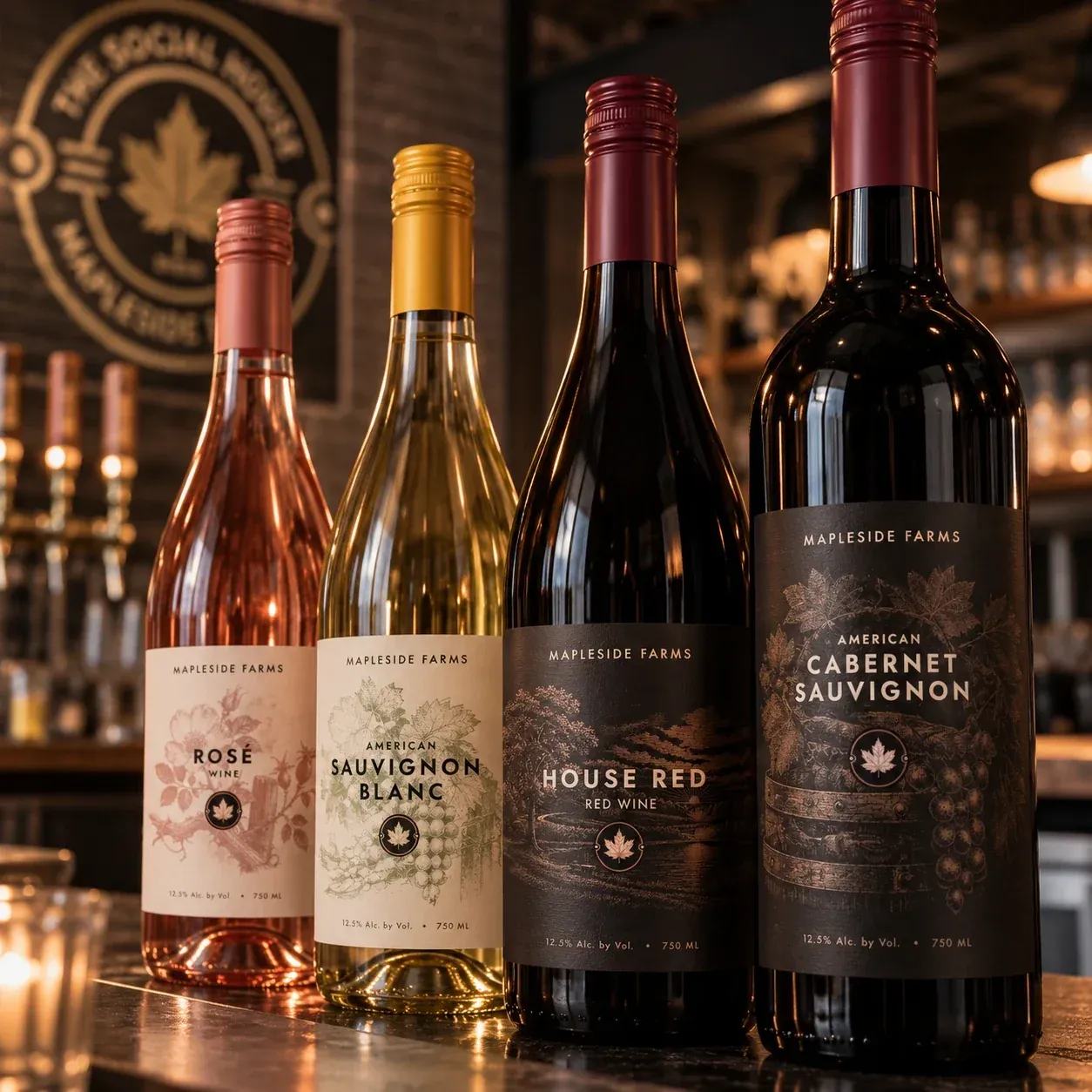 Four bottles on the bar: Rosé, Sauvignon Blanc, House Red and Cabernet Sauvignon, the badge painted on the wall behind