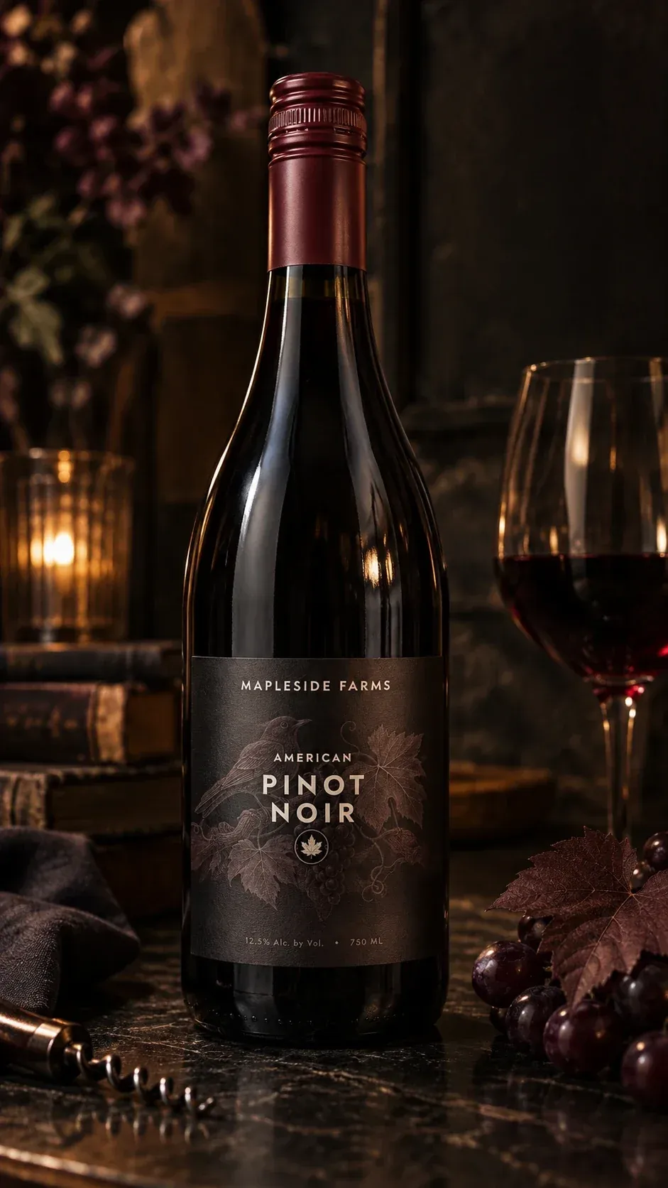 A bottle of Mapleside Farms Pinot Noir with a glass, grapes and a corkscrew