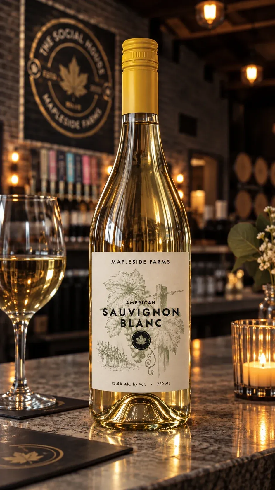 A bottle of Mapleside Farms Sauvignon Blanc beside a poured glass on the bar